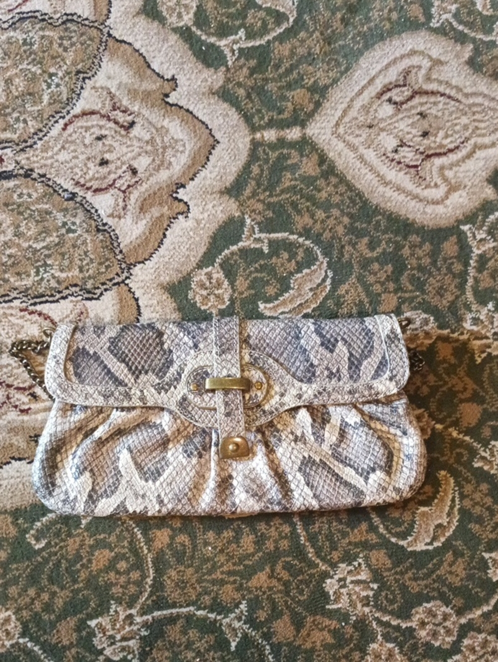 Snake-Pattern Fold-Over Clutch in Beige and Gray